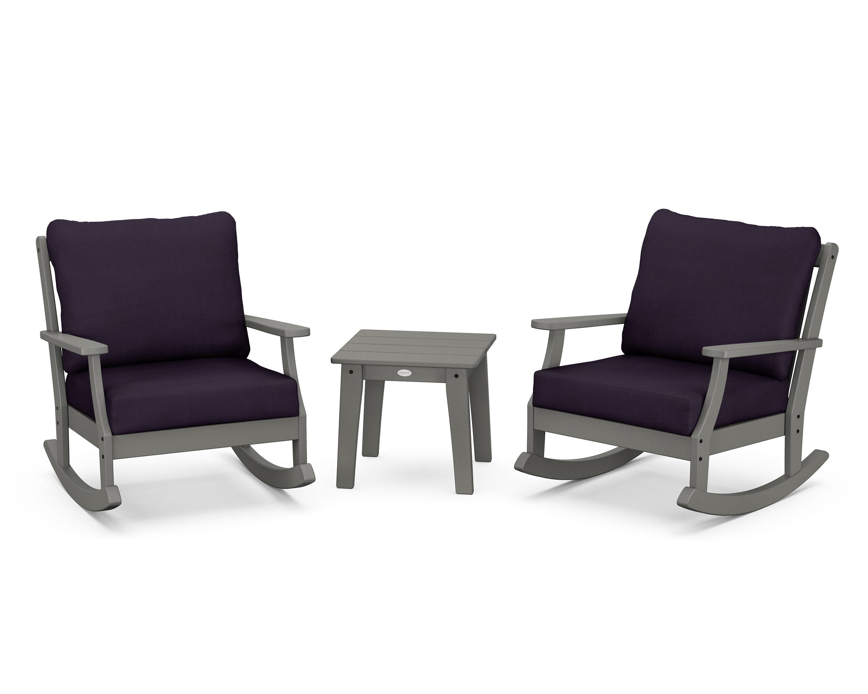POLYWOOD® Braxton 3-Piece Deep Seating Rocker Set in Slate Grey / Navy Linen