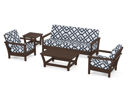 POLYWOOD® Harbour 5-Piece Deep Seating Set in Mahogany / Trellis Marine Indigo
