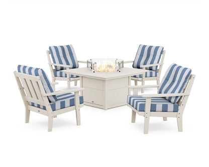 POLYWOOD® Oxford 5-Piece Deep Seating Set with Fire Pit Table in Sand / Cabana Stripe Sky Blue