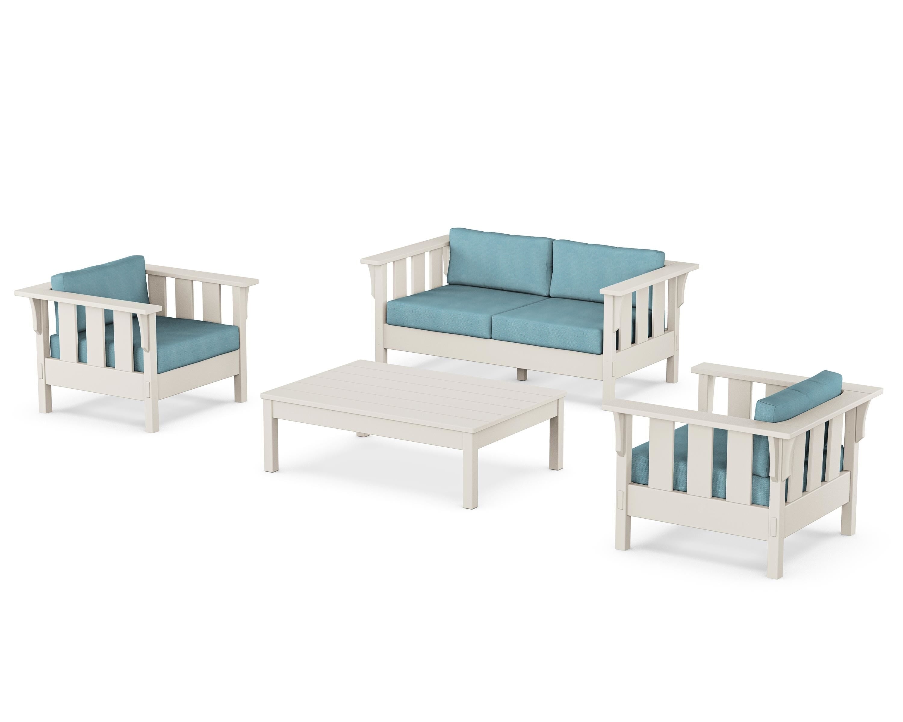 Martha Stewart by POLYWOOD® Acadia 4-Piece Deep Seating Set with Loveseat in Sand / Lattice Sky Blue