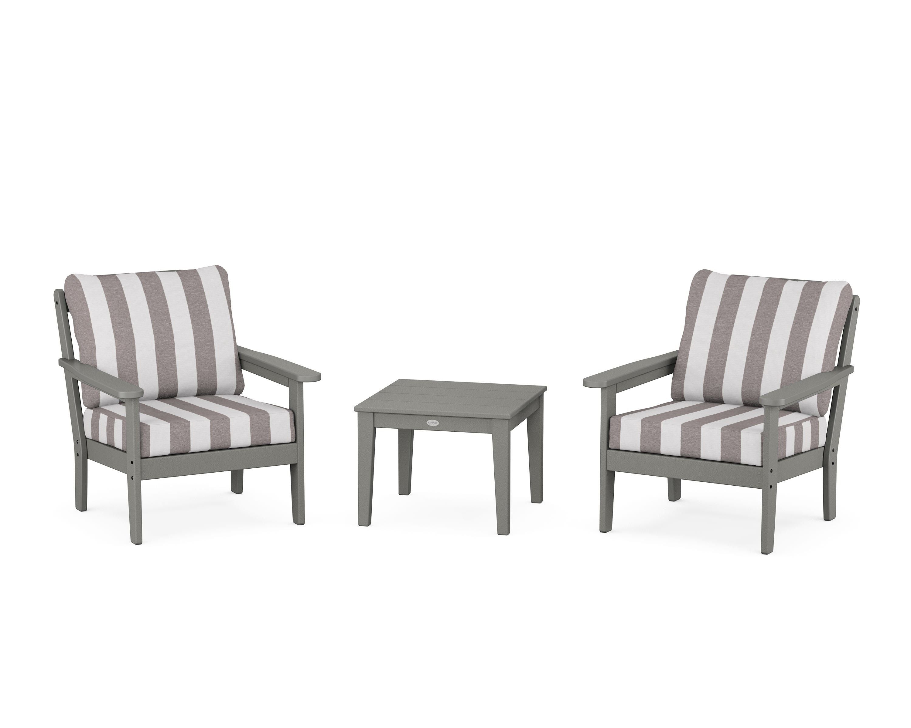 Country Living Cottage 3-Piece Deep Seating Set in Slate Grey / Cabana Stripe Grey Mist