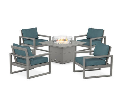 POLYWOOD® EDGE Sectional 5-Piece Deep Seating Set with Fire Pit Table in Slate Grey / Ocean Teal