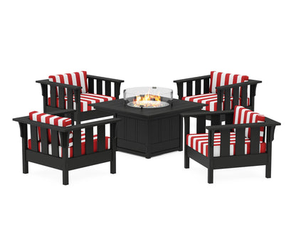 Martha Stewart by POLYWOOD® Acadia 5-Piece Deep Seating Set with Fire Pit Table in Black / Cabana Stripe Crimson