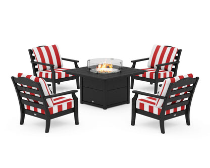 Draper James™ by  POLYWOOD® Savannah 5-Piece Deep Seating Set with Fire Pit Table in Black / Cabana Stripe Crimson