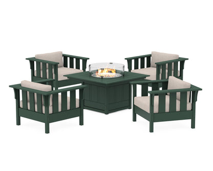 Martha Stewart by POLYWOOD® Acadia 5-Piece Deep Seating Set with Fire Pit Table in Green / Blend Linen