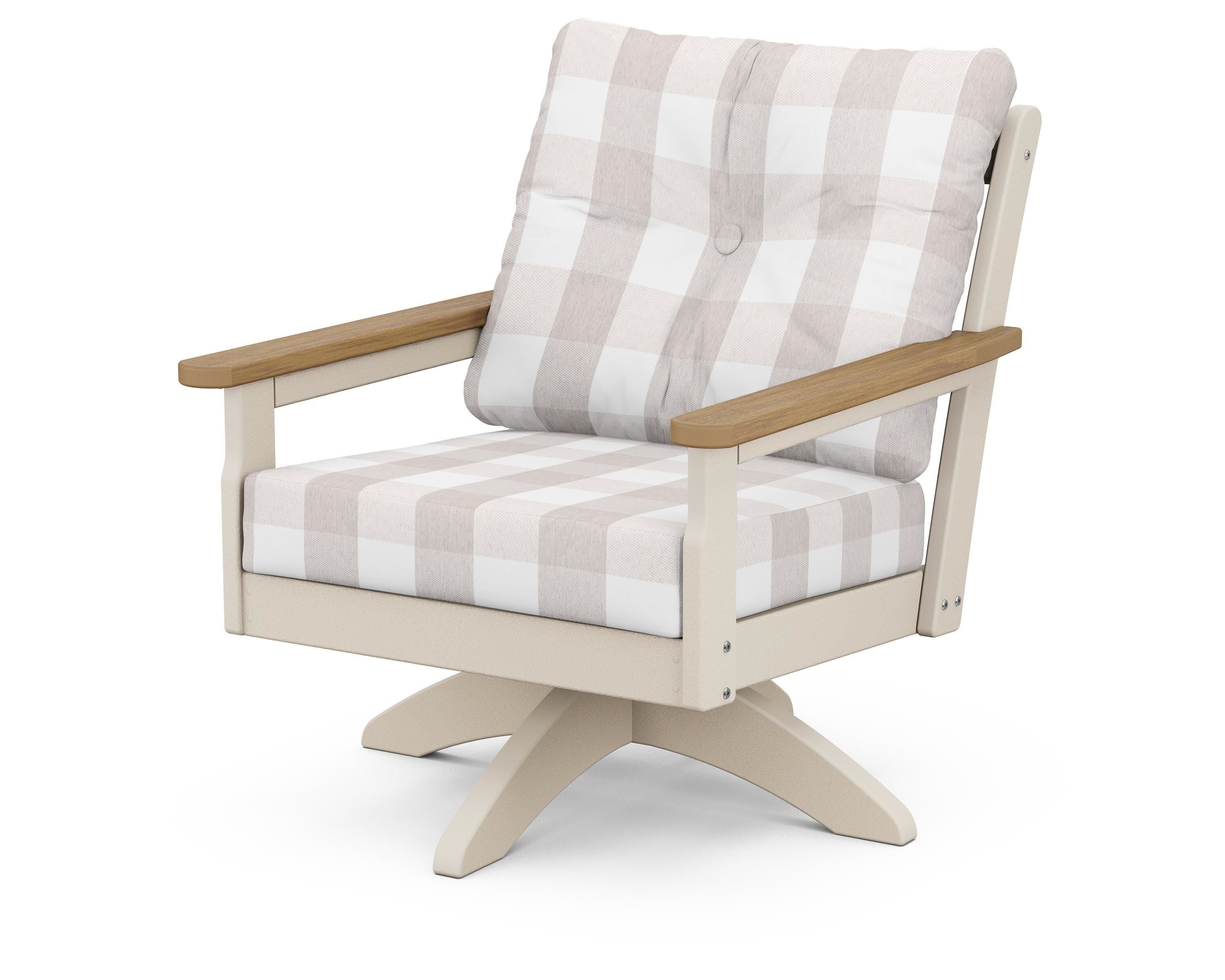 POLYWOOD® Vineyard Deep Seating Swivel Chair in Sand / Natural / Buffalo Plaid Dune Burlap