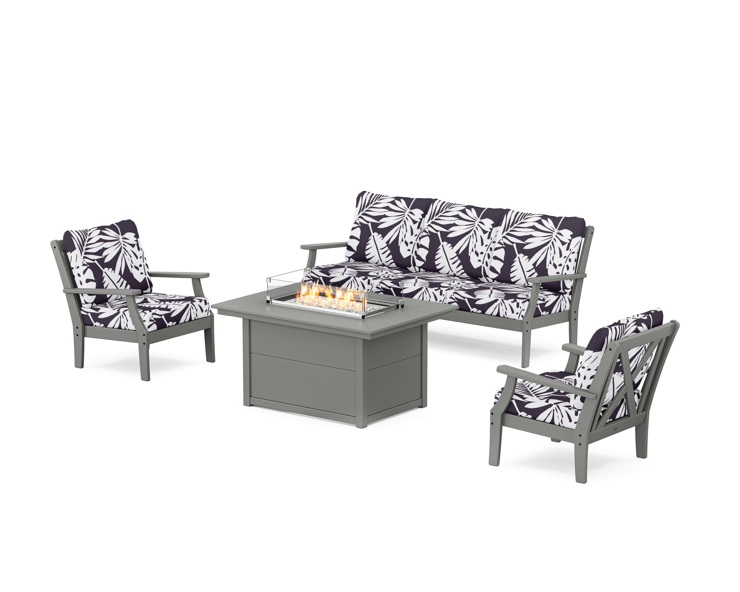 POLYWOOD® Braxton Deep Seating Fire Pit Table Set in Slate Grey / Leaf Navy