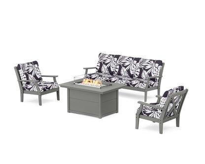 POLYWOOD® Braxton Deep Seating Fire Pit Table Set in Slate Grey / Leaf Navy