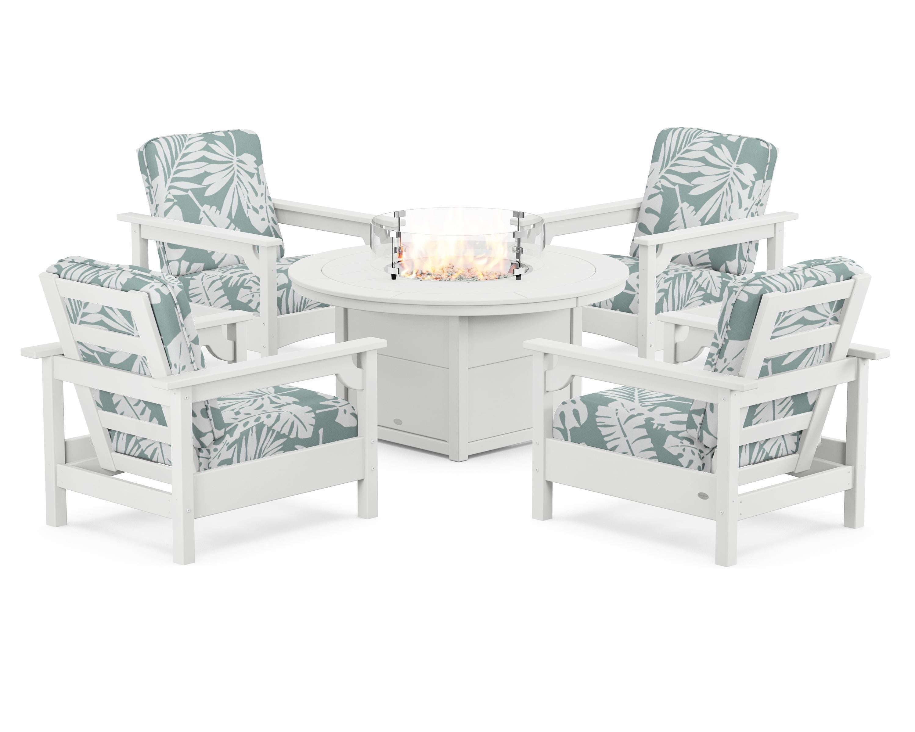 POLYWOOD® Club 5-Piece Conversation Set with Fire Pit Table in White / Leaf Glacier Spa