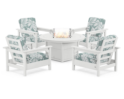 POLYWOOD® Club 5-Piece Conversation Set with Fire Pit Table in White / Leaf Glacier Spa