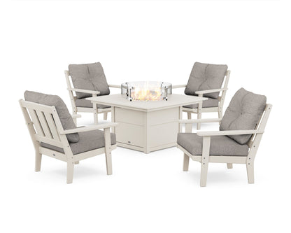 POLYWOOD® Oxford 5-Piece Deep Seating Set with Fire Pit Table in Sand / Weathered Tweed