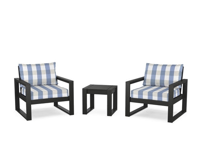 POLYWOOD® EDGE Sectional 3-Piece Deep Seating Set in Black / Buffalo Plaid Sky Blue