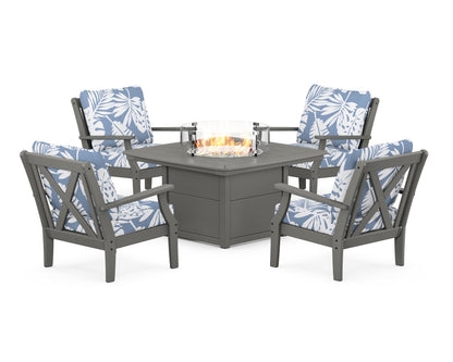 POLYWOOD® Braxton 5-Piece Deep Seating Conversation Set with Fire Pit Table in Slate Grey / Leaf Sky Blue