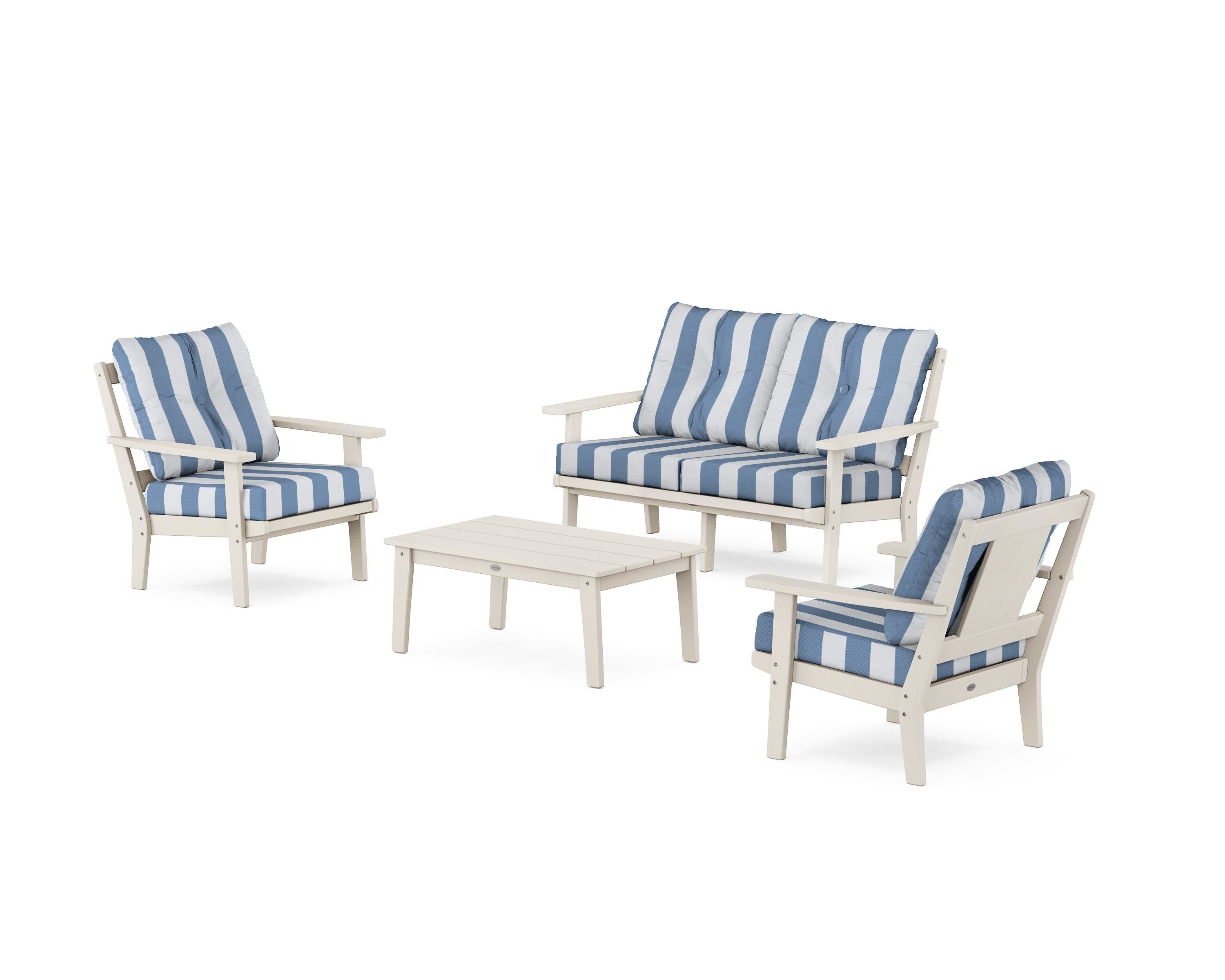 POLYWOOD® Prairie 4-Piece Deep Seating Set with Loveseat in Sand / Cabana Stripe Sky Blue