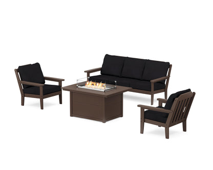 Country Living Cottage Deep Seating Fire Pit Table Set in Mahogany / Midnight Linen