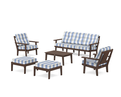 POLYWOOD® Prairie 6-Piece Lounge Sofa Set in Mahogany / Buffalo Plaid Sky Blue