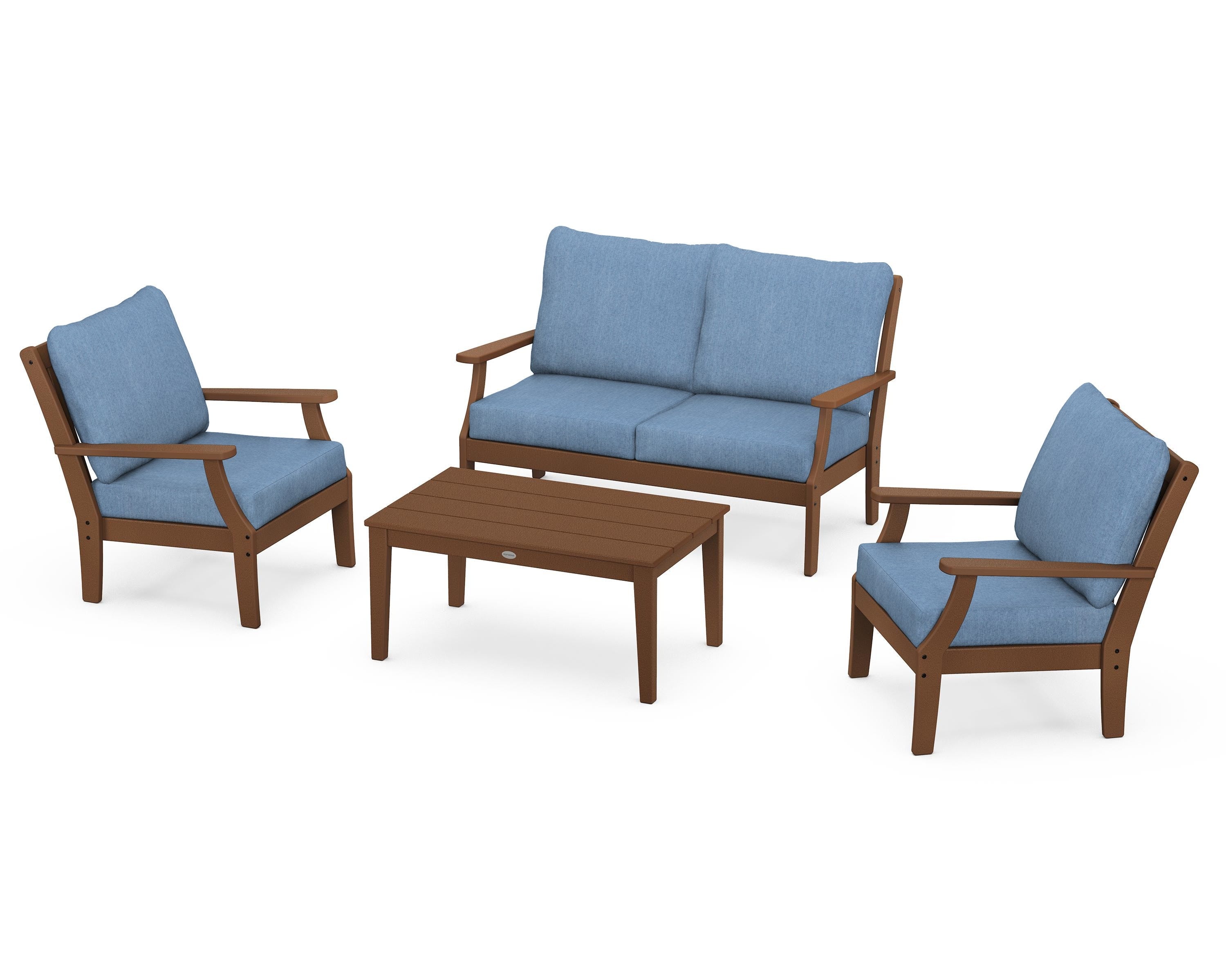POLYWOOD® Braxton 4-Piece Deep Seating Chair Set in Teak / Sky Blue
