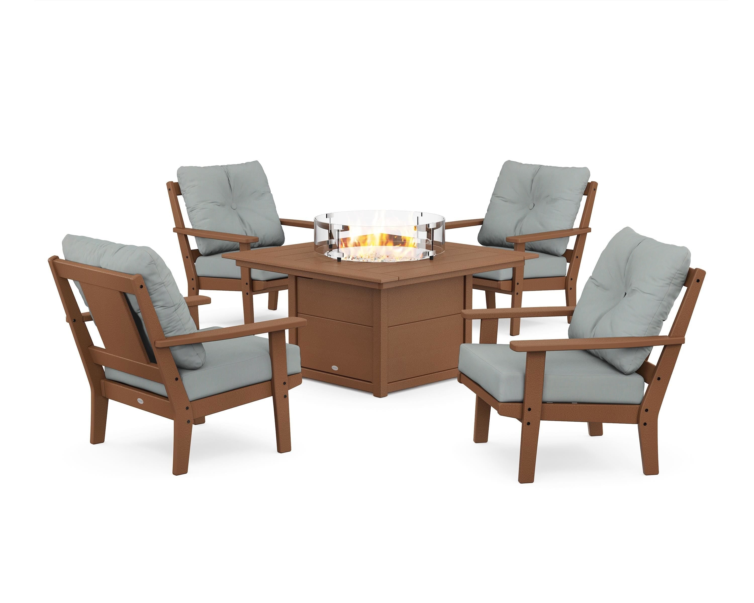 POLYWOOD® Prairie 5-Piece Deep Seating Set with Fire Pit Table in Teak / Spa