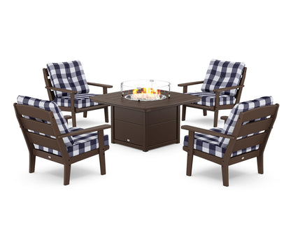 POLYWOOD® Lakeside 5-Piece Deep Seating Set with Nautical Fire Pit Table in Mahogany / Buffalo Plaid Navy