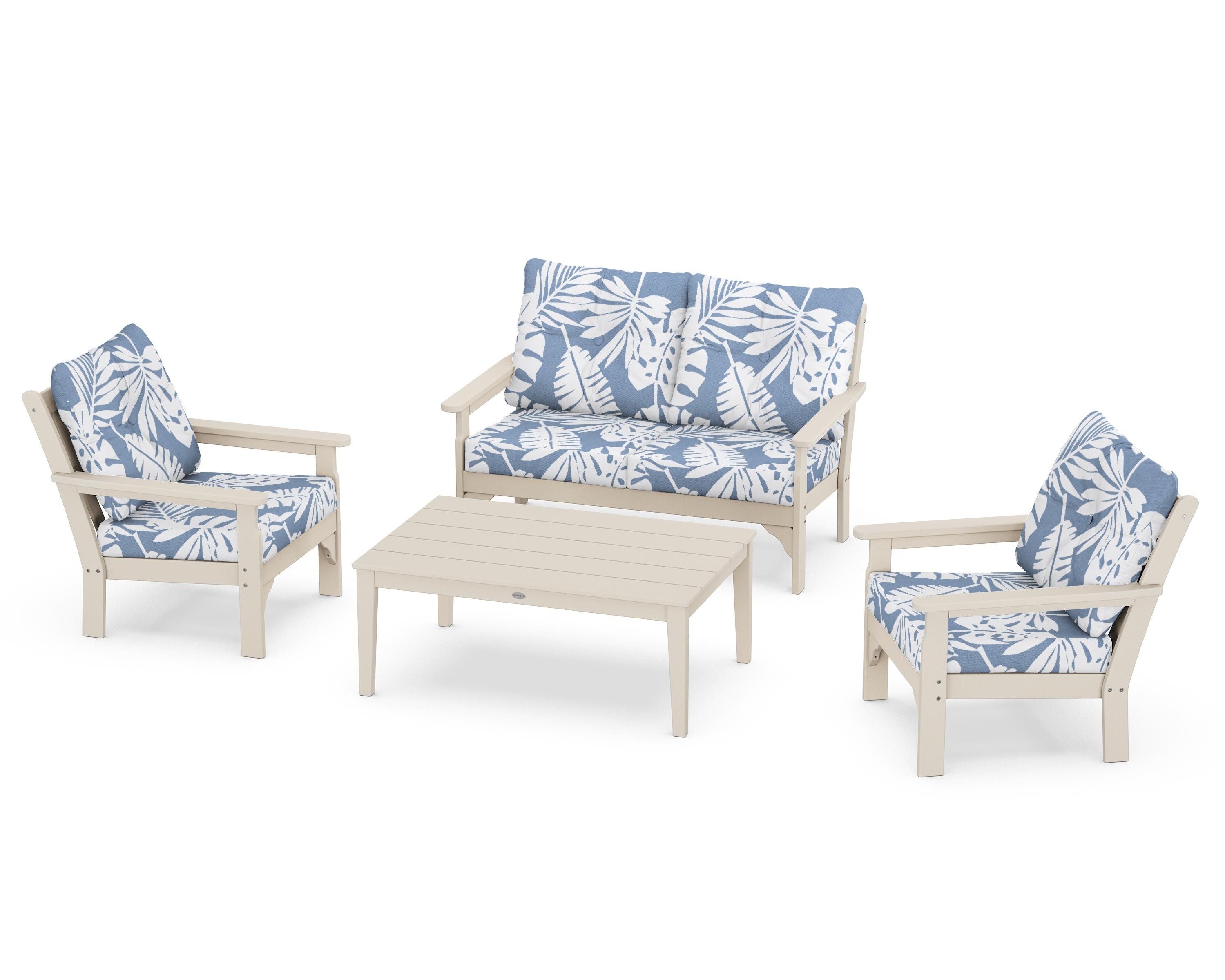 POLYWOOD® Vineyard 4-Piece Deep Seating Set in Sand / Leaf Sky Blue