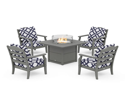 Draper James™ by  POLYWOOD® Savannah 5-Piece Deep Seating Set with Fire Pit Table in Slate Grey / Trellis Navy