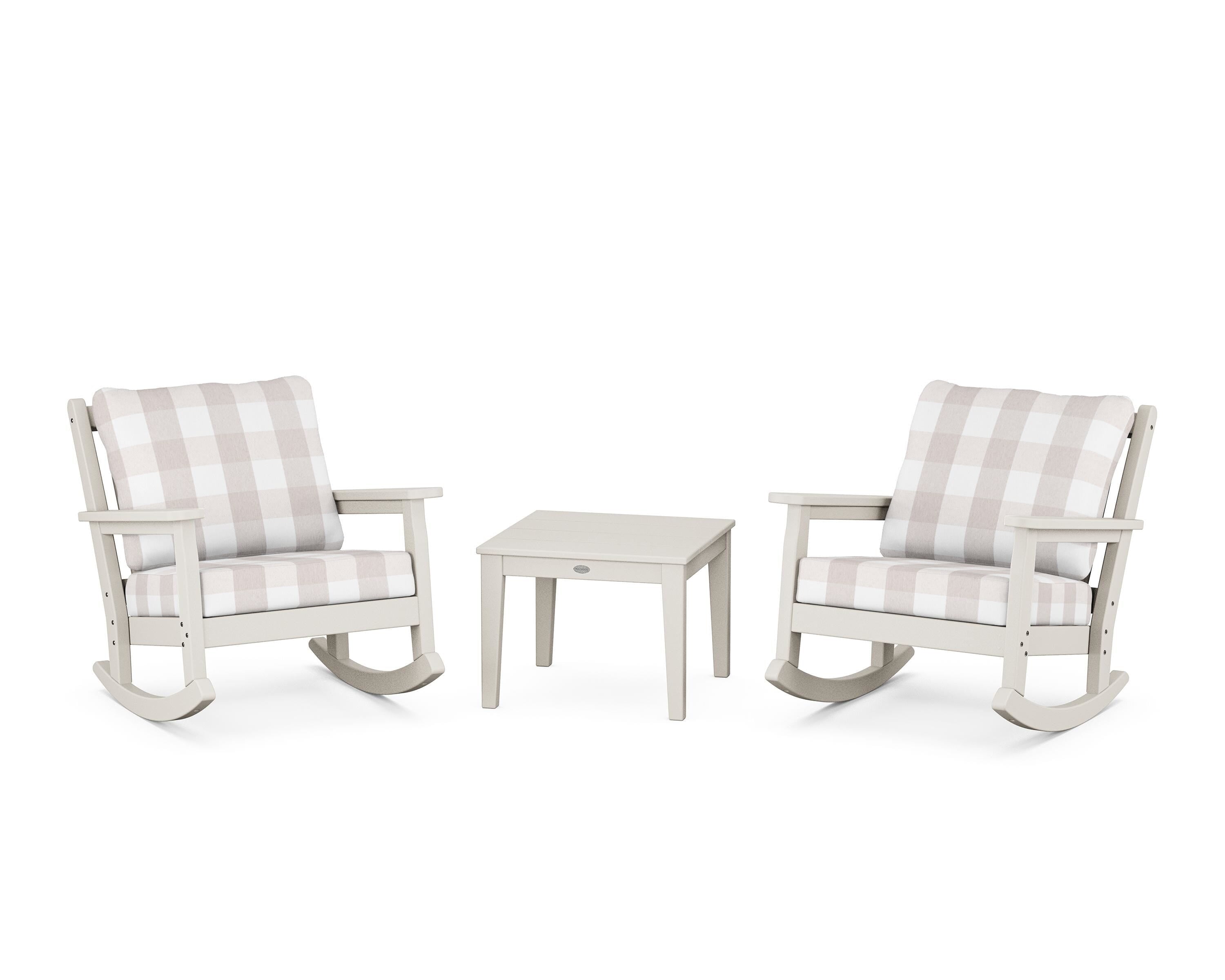 POLYWOOD® Chippendale 3-Piece Deep Seating Rocker Set in Sand / Buffalo Plaid Dune Burlap