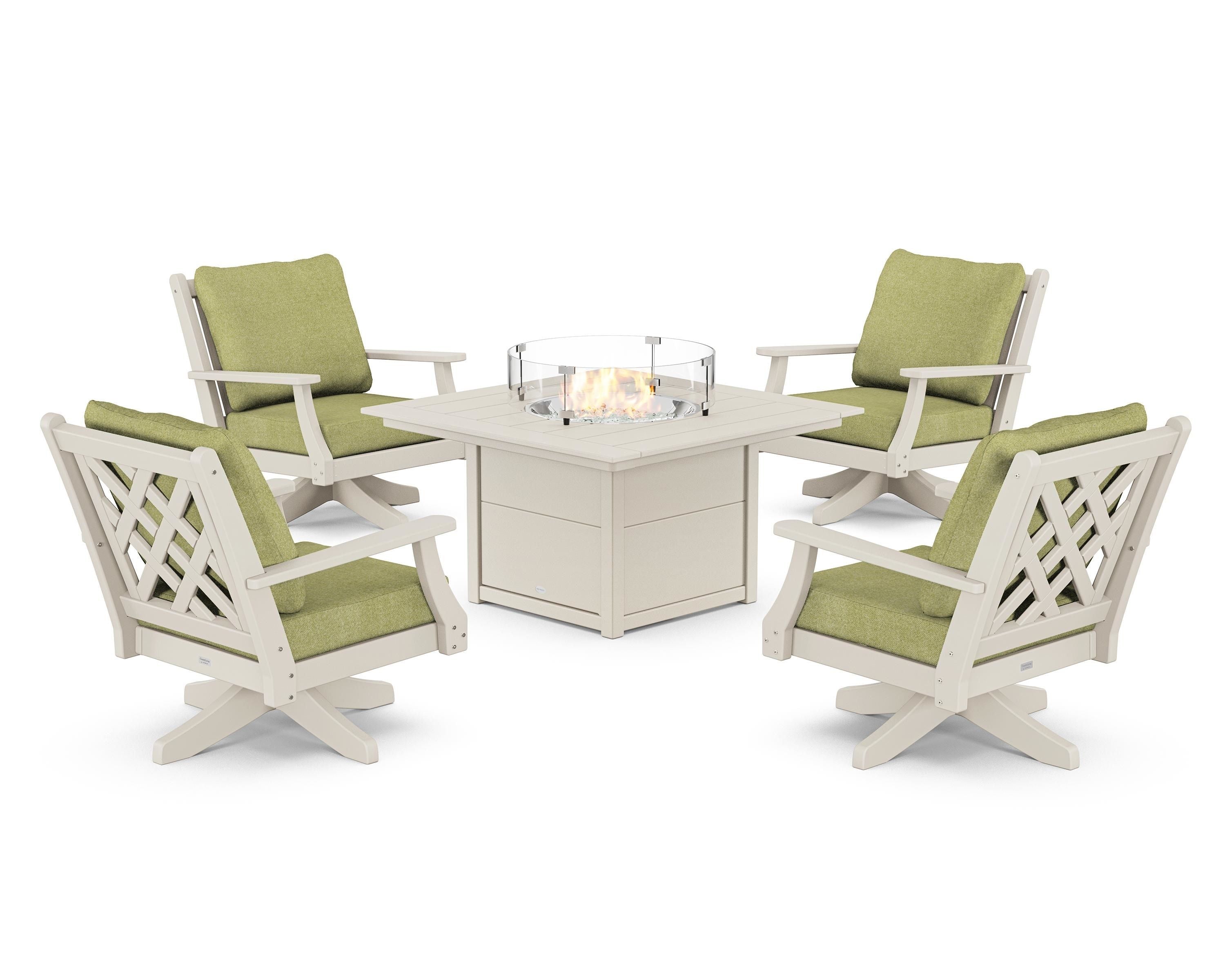 Country Living Wovendale 5-Piece Deep Seating Swivel Conversation Set with Fire Pit Table in Sand / Chartreuse Boucle