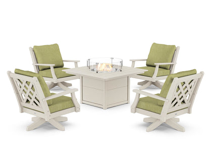 Country Living Wovendale 5-Piece Deep Seating Swivel Conversation Set with Fire Pit Table in Sand / Chartreuse Boucle