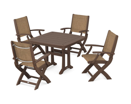 POLYWOOD® Coastal Folding Chair 5-Piece Dining Set with Trestle Legs in Mahogany / Burlap Sling