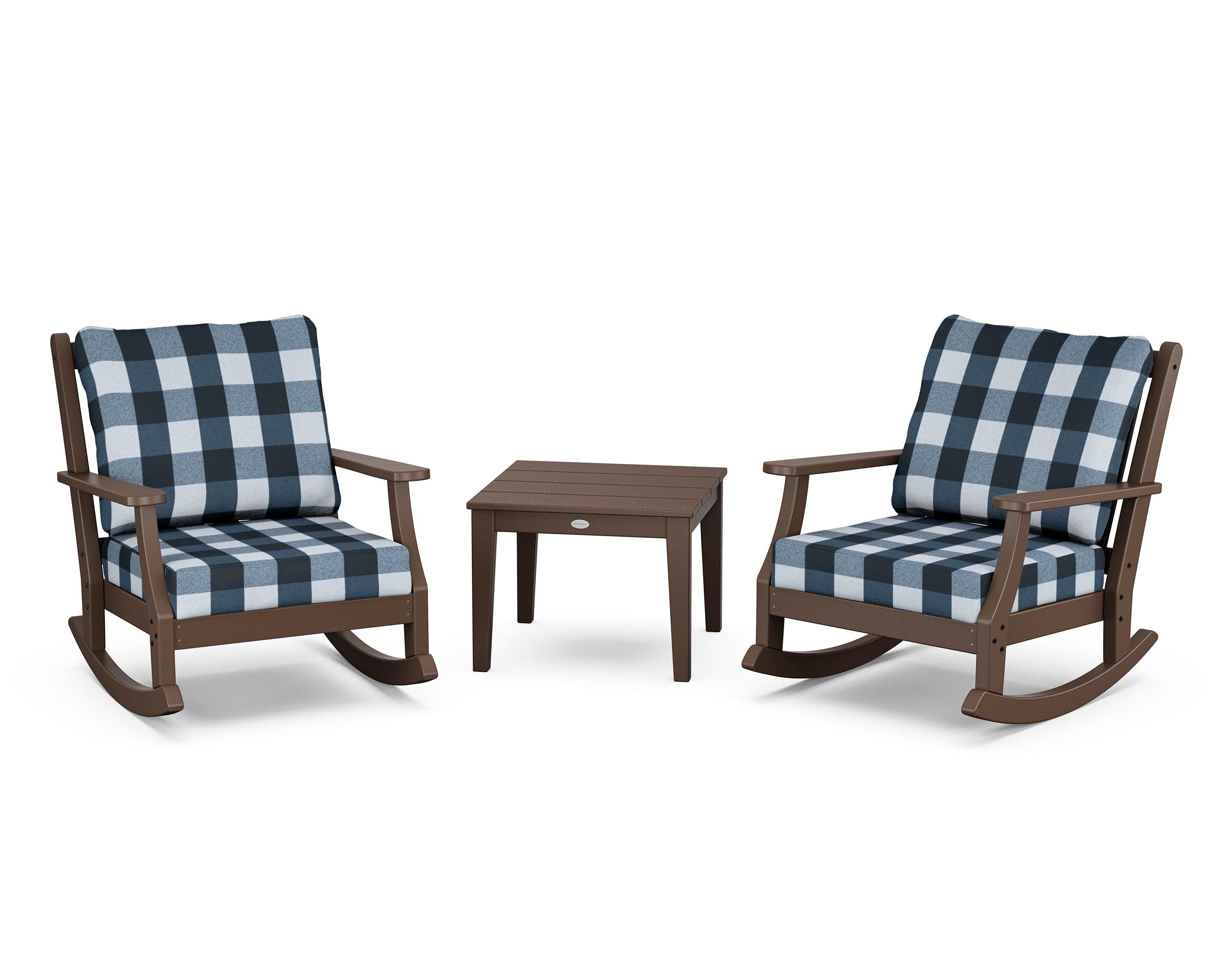 Country Living Wovendale 3-Piece Deep Seating Rocker Set in Mahogany / Buffalo Plaid Marine Indigo