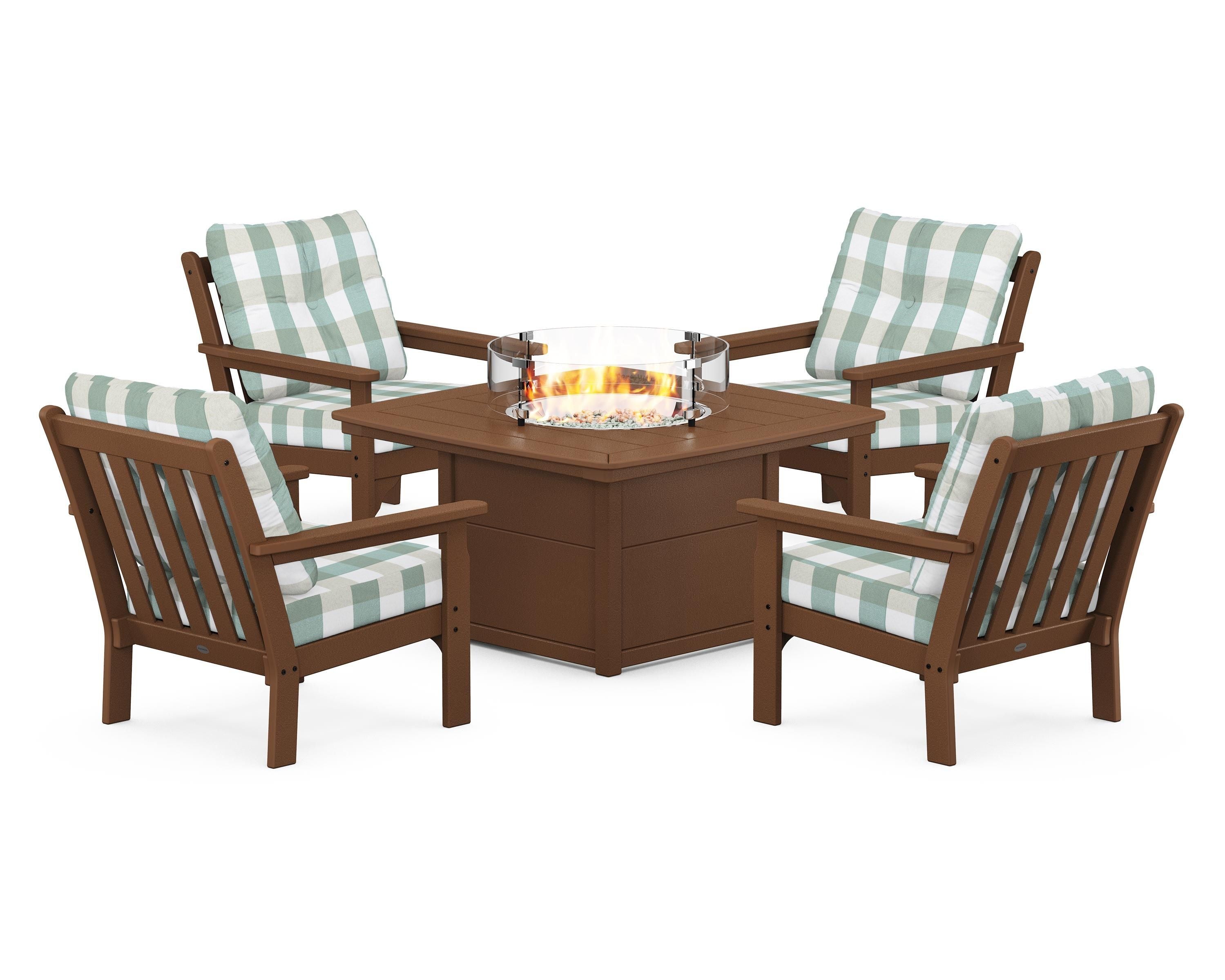 POLYWOOD® Vineyard 5-Piece Conversation Set with Fire Pit Table in Teak / Buffalo Plaid Glacier Spa