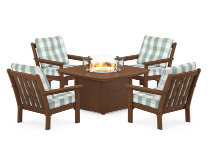 POLYWOOD® Vineyard 5-Piece Conversation Set with Fire Pit Table in Teak / Buffalo Plaid Glacier Spa