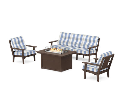 POLYWOOD® Prairie Deep Seating Fire Pit Table Set in Mahogany / Buffalo Plaid Sky Blue