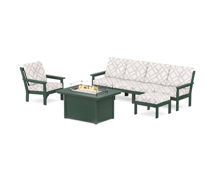 POLYWOOD® Vineyard Sectional Lounge and Fire Pit Set in Green / Trellis Dune Burlap