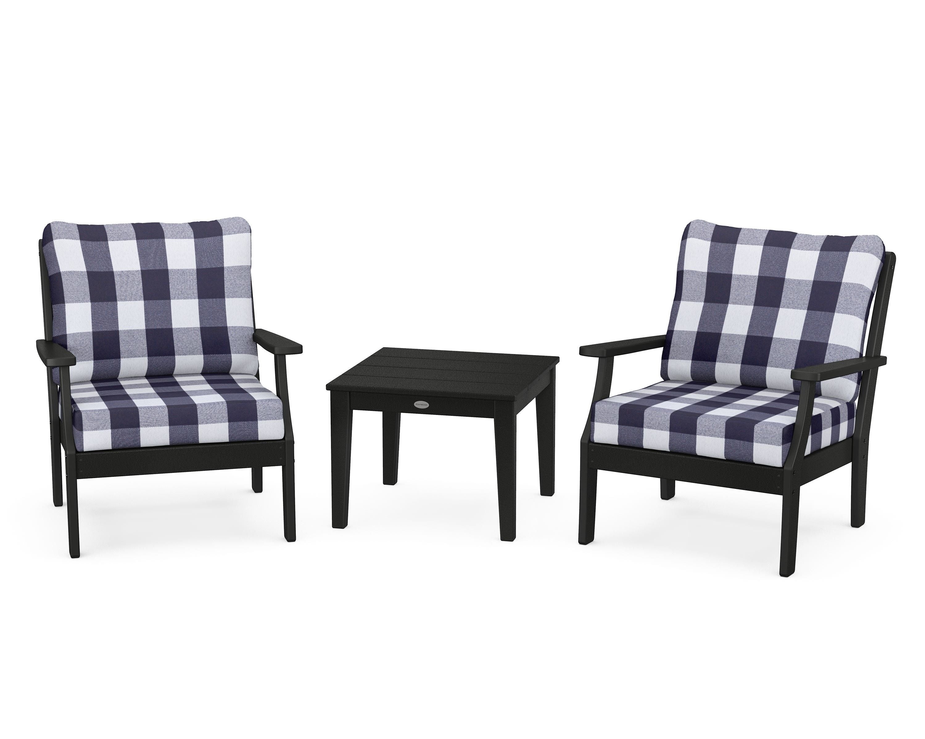 POLYWOOD® Braxton 3-Piece Deep Seating Set in Black / Buffalo Plaid Navy