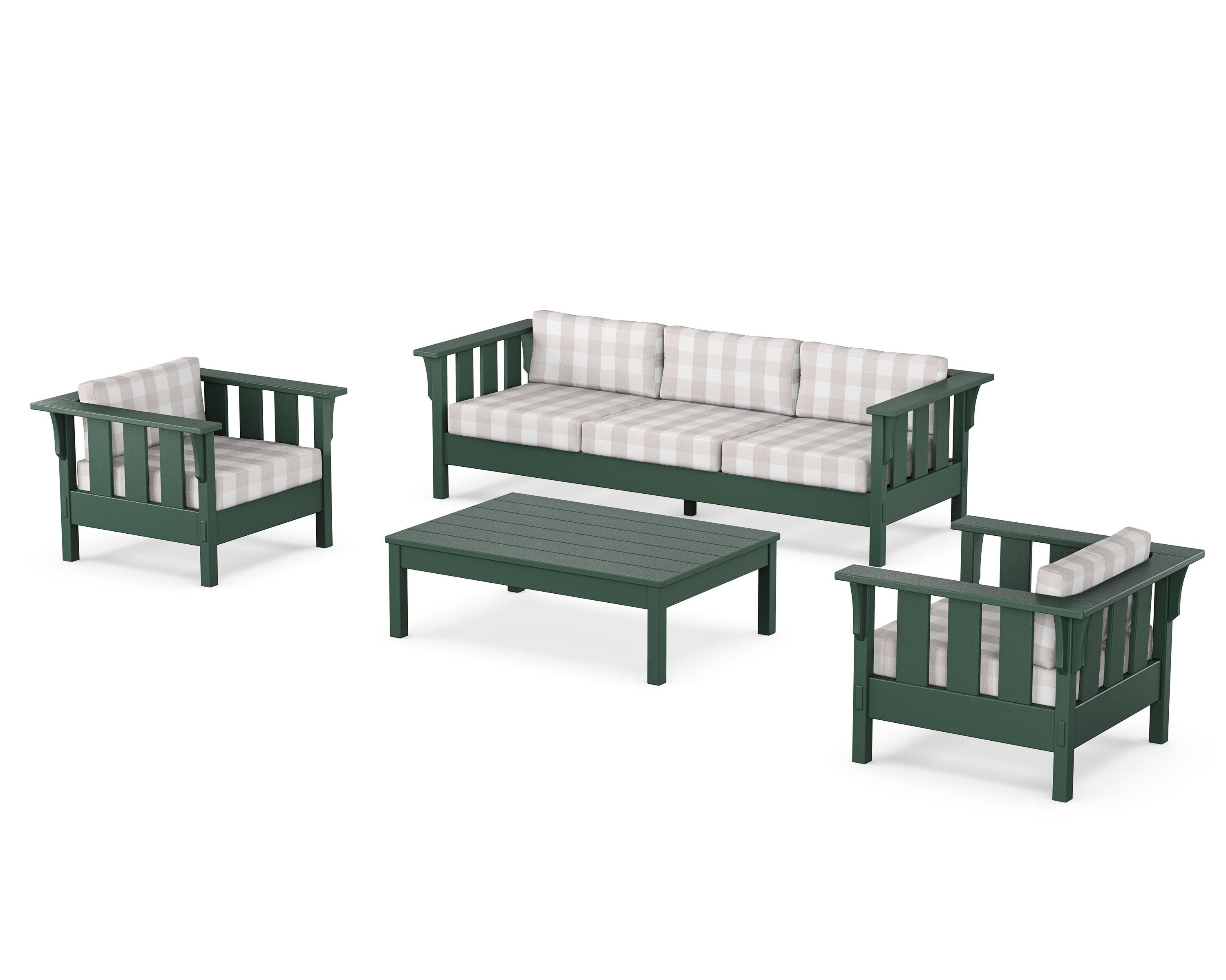 Martha Stewart by POLYWOOD® Acadia 4-Piece Deep Seating Set with Sofa in Green / Buffalo Plaid Dune Burlap