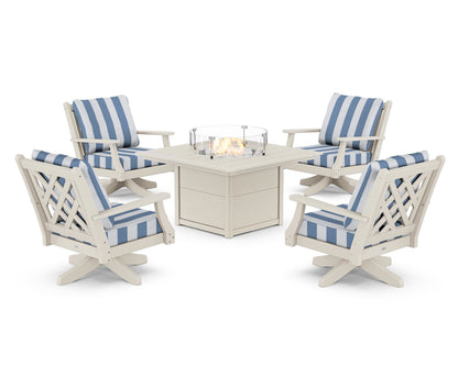 Country Living Wovendale 5-Piece Deep Seating Swivel Conversation Set with Fire Pit Table in Sand / Cabana Stripe Sky Blue