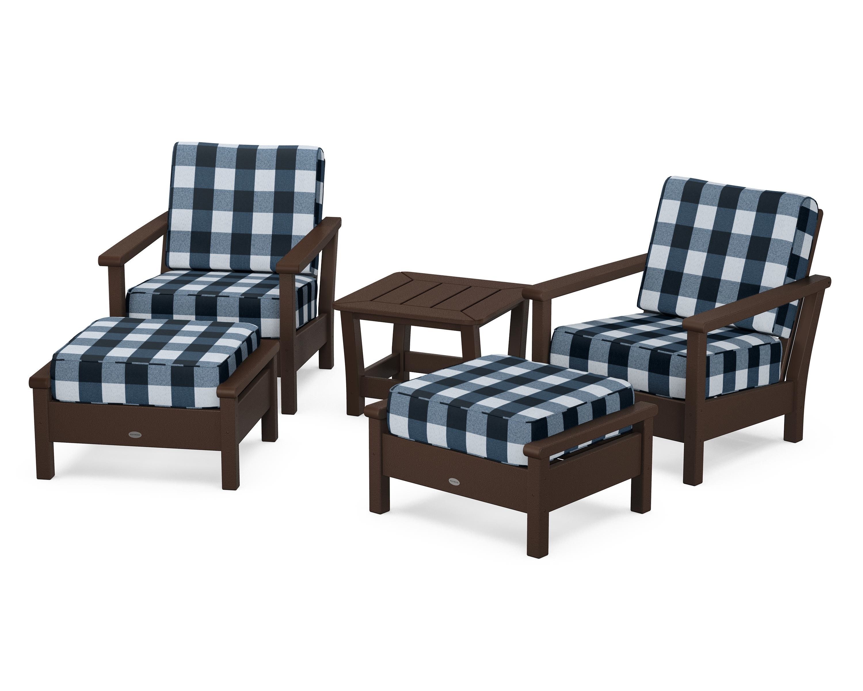 POLYWOOD® Harbour 5-Piece Deep Seating Chair Set in Mahogany / Buffalo Plaid Marine Indigo