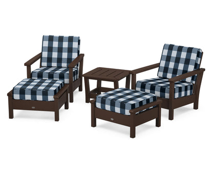 POLYWOOD® Harbour 5-Piece Deep Seating Chair Set in Mahogany / Buffalo Plaid Marine Indigo