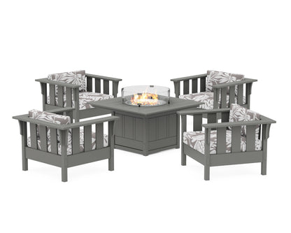 Martha Stewart by POLYWOOD® Acadia 5-Piece Deep Seating Set with Fire Pit Table in Slate Grey / Leaf Grey Mist
