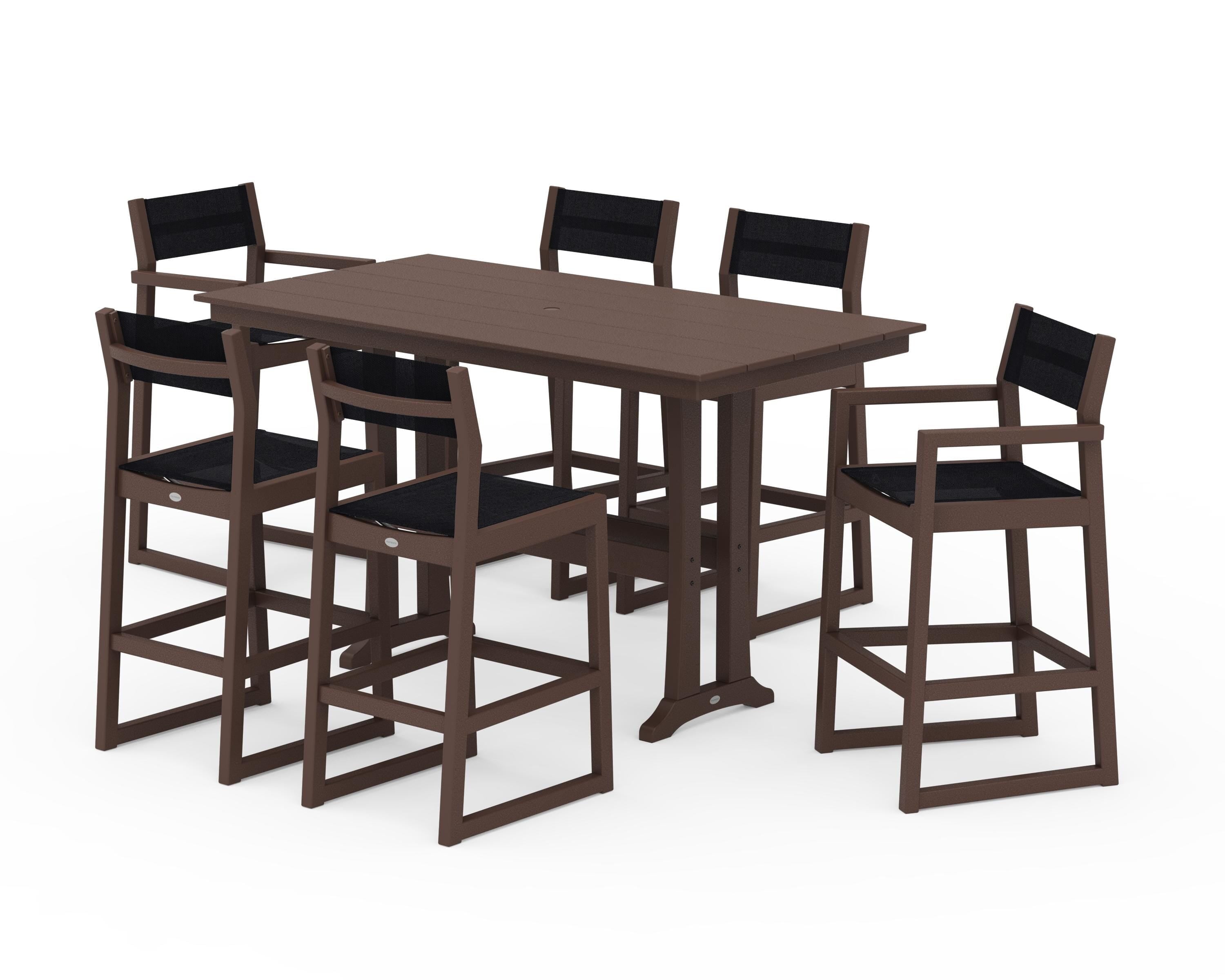 POLYWOOD® EDGE Sling 7-Piece Farmhouse Bar Set with Trestle Legs in Mahogany / Black Sling