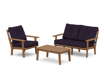 POLYWOOD® Oxford 3-Piece Deep Seating Set with Loveseat in Teak / Navy Linen