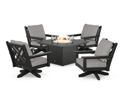 POLYWOOD® Chippendale 5-Piece Deep Seating Swivel Conversation Set with Fire Pit Table in Black / Grey Mist