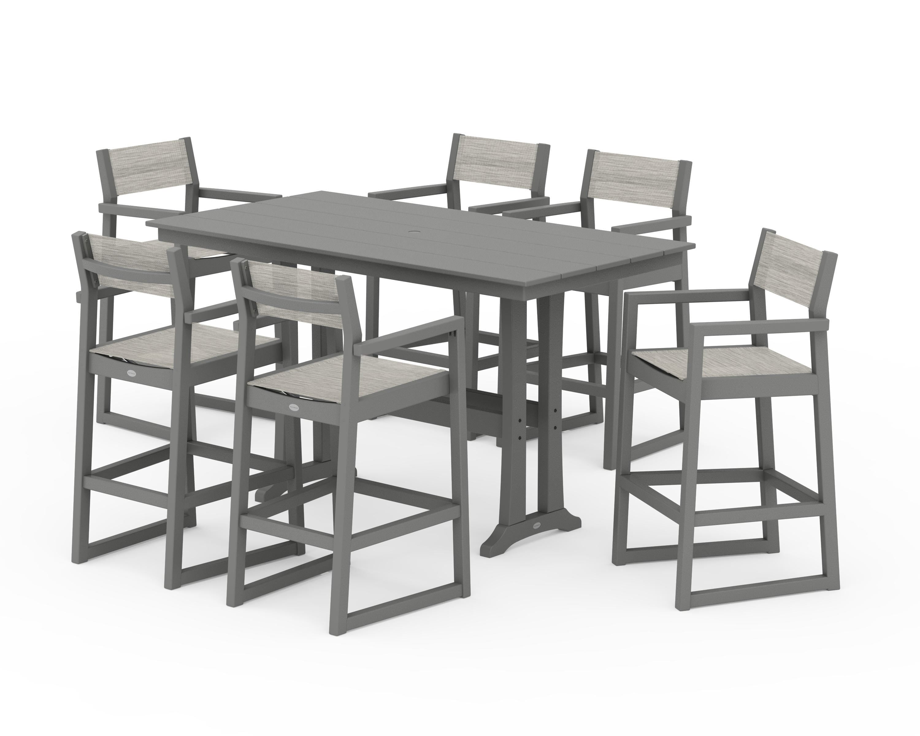 POLYWOOD® EDGE Sling Arm Chair 7-Piece Farmhouse Bar Set with Trestle Legs in Slate Grey / Birch Sling