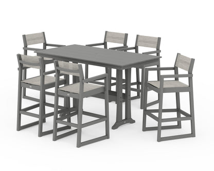 POLYWOOD® EDGE Sling Arm Chair 7-Piece Farmhouse Bar Set with Trestle Legs in Slate Grey / Birch Sling