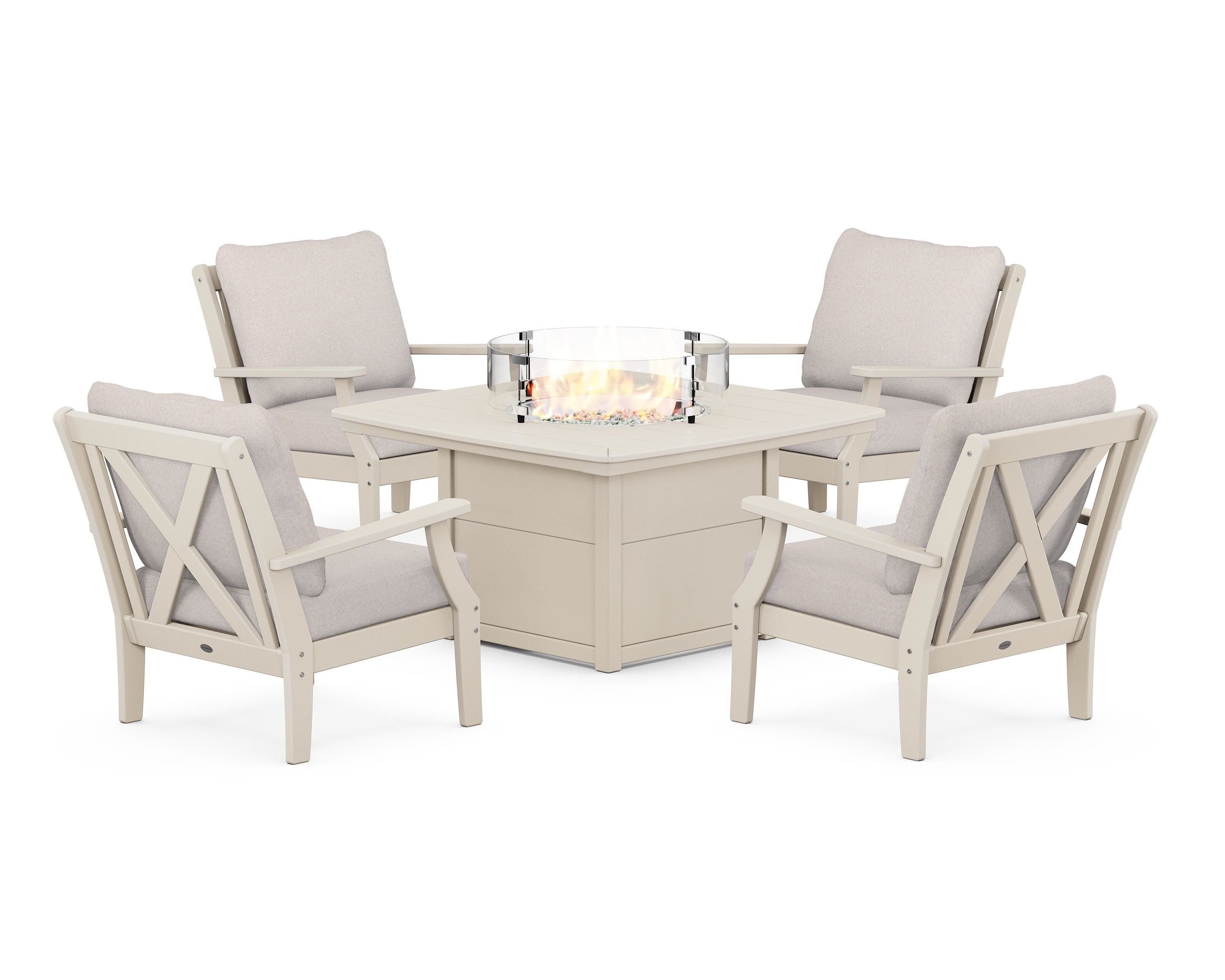 POLYWOOD® Braxton 5-Piece Deep Seating Conversation Set with Fire Pit Table in Sand / Dune Burlap