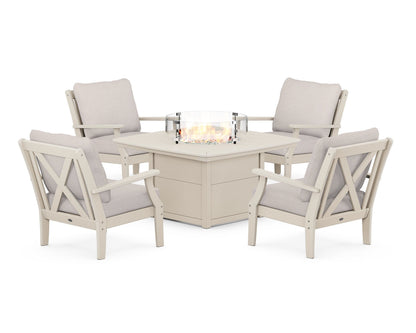 POLYWOOD® Braxton 5-Piece Deep Seating Conversation Set with Fire Pit Table in Sand / Dune Burlap