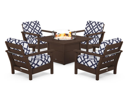 POLYWOOD® Harbour 5-Piece Conversation Set with Fire Pit Table in Mahogany / Trellis Navy