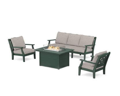 Martha Stewart by POLYWOOD® Chinoiserie Deep Seating Fire Pit Table Set in Green / Weathered Tweed
