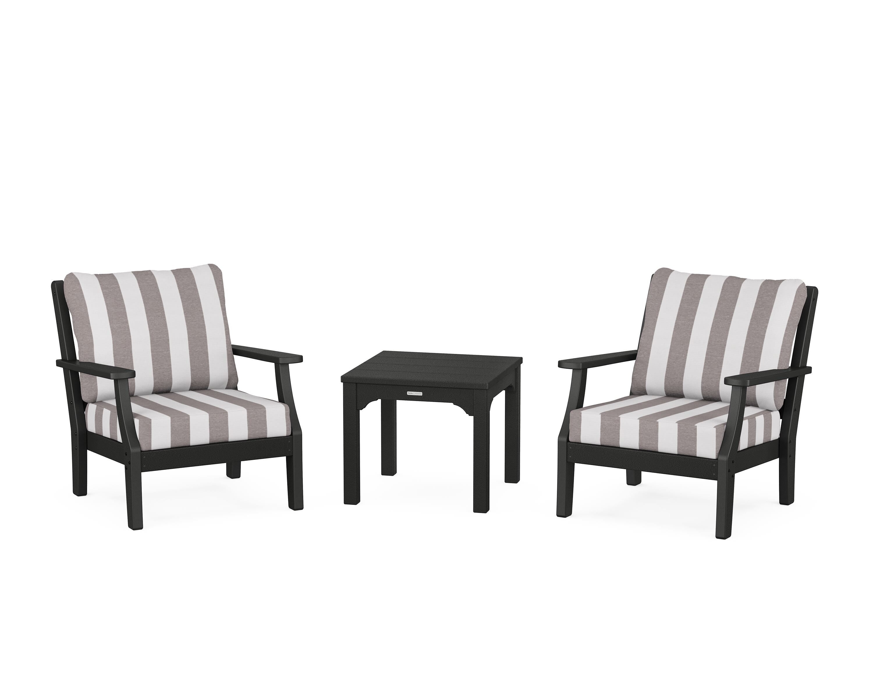 Martha Stewart by POLYWOOD® Chinoiserie 3-Piece Deep Seating Set in Black / Cabana Stripe Grey Mist